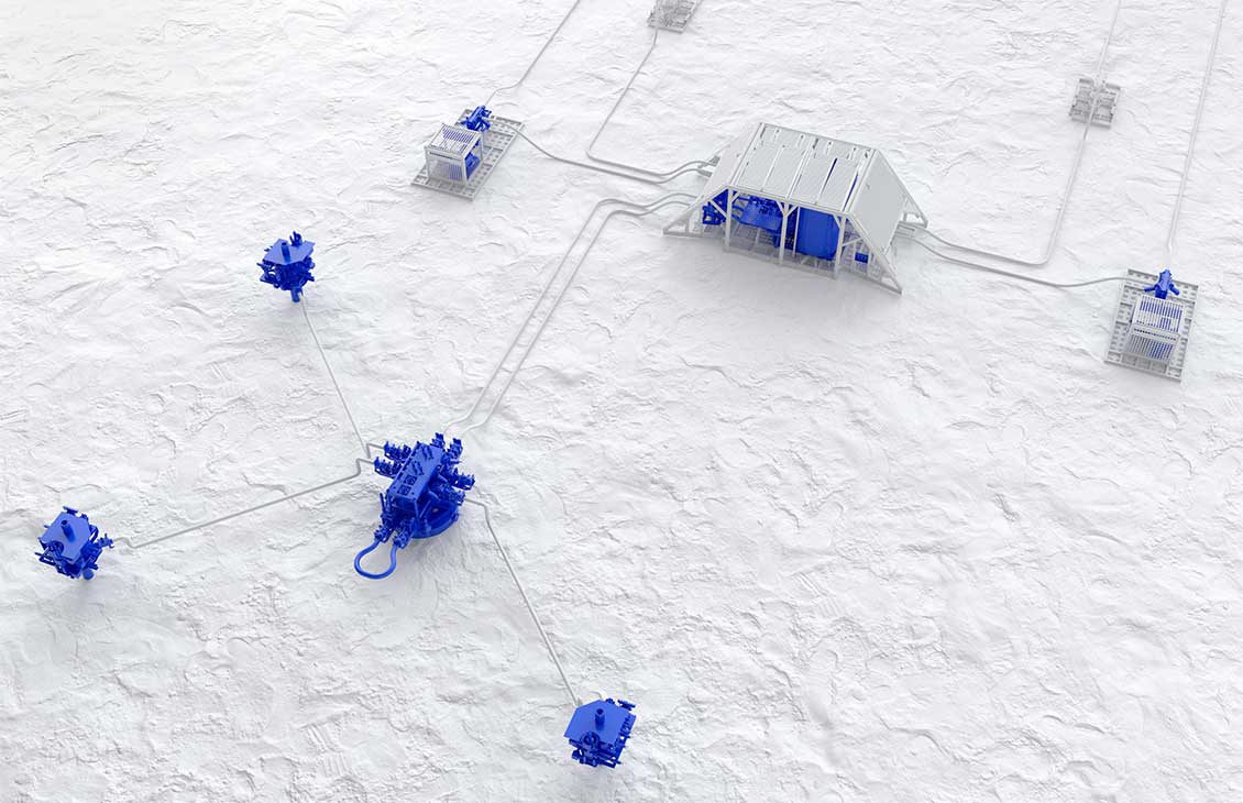 3D illustration of all electric subsea field with abstract blue background.