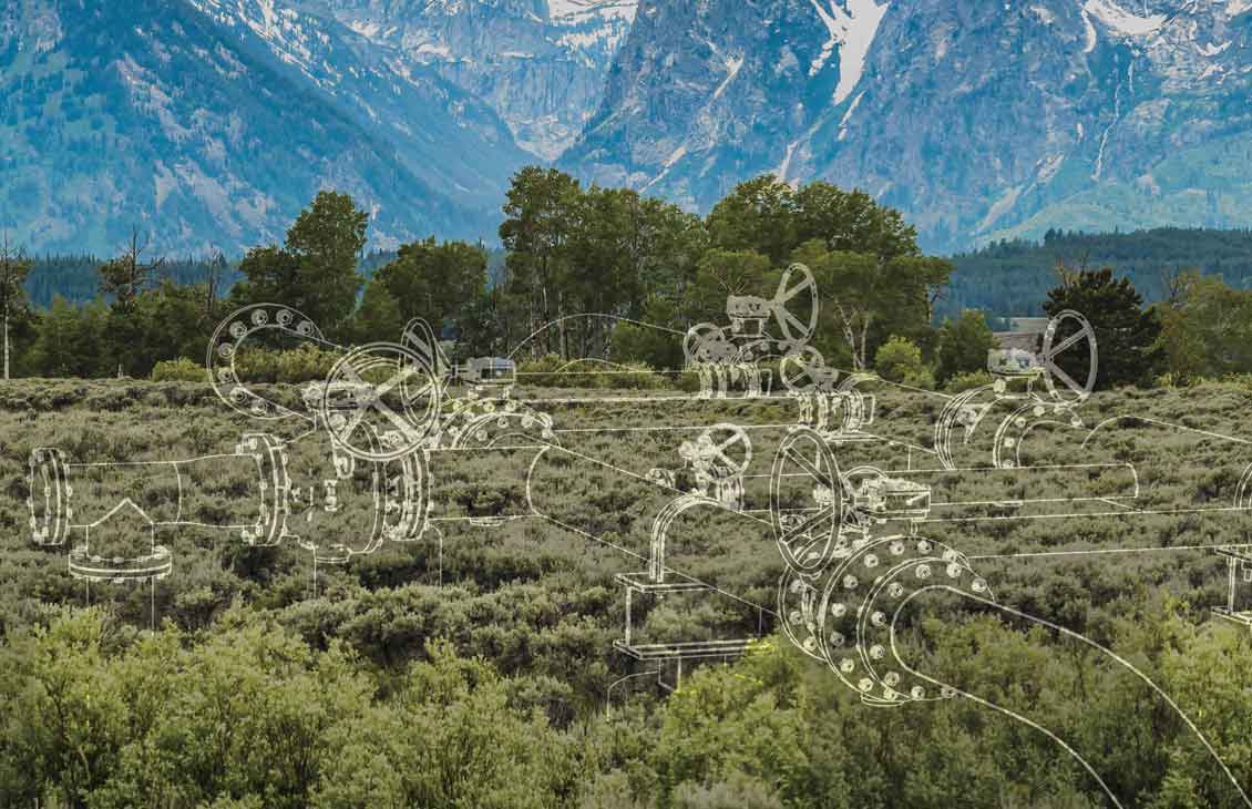 Mountains and greenery with a translucent outline of a pipeline