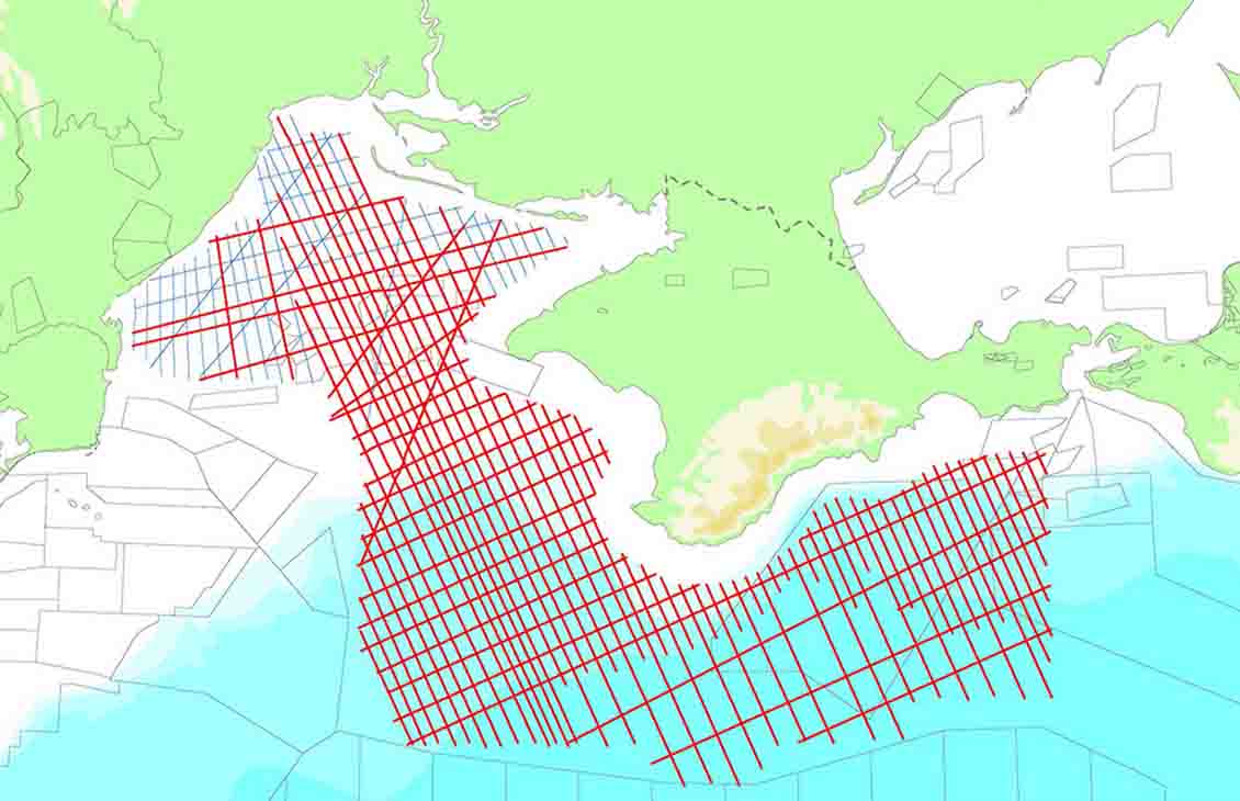 Map showing offshore Ukraine survey with reprocessed data shown in red.