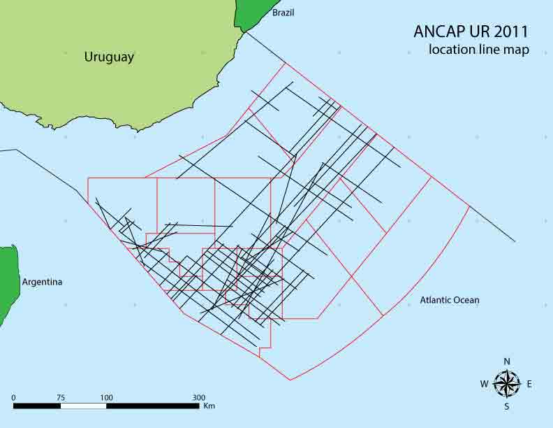 Map showing offshore Uruguay New Frontier multiclient survey area.
